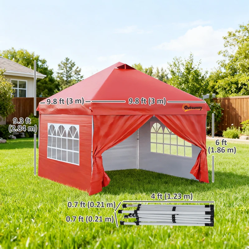 Outsunny 10' x 10' Pop Up Canopy Tent, Instant Sun Shelter, Tents for Parties, with Wheeled Carry Bag, for Outdoor, Garden, Patio, Red
