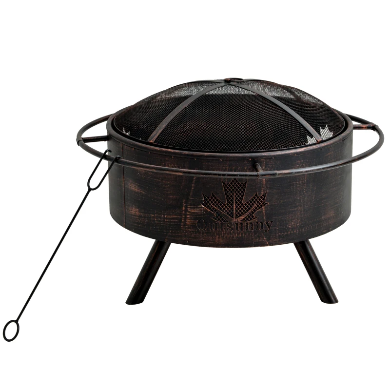 Outsunny 30" Outdoor Fire Pit with Screen Cover, Portable Wood Burning Firebowl Basin with Poker for Patio, Backyard, Black