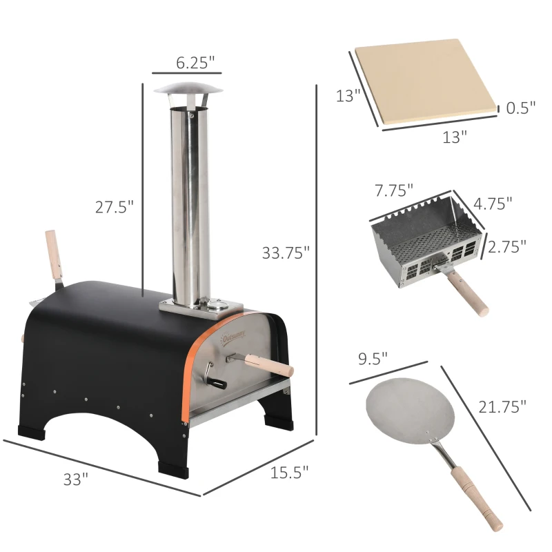 Outsunny Outdoor Pizza Oven, Portable Pellet Wood Fired Pizza Maker, 12" Stainless Steel Pizza Grill with Stone and Peel Accessories for Outside, Backyard, Outdoor Kitchen