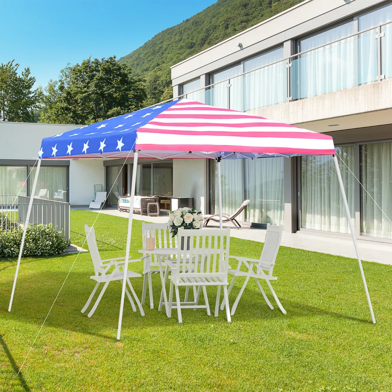 Outsunny Slant Leg Pop Up Canopy Tent with American Flag Roof and Carry Bag, Beach Canopy Instant Sun Shelter, Height Adjustable, (10'x10' Base / 8'x8' Top)