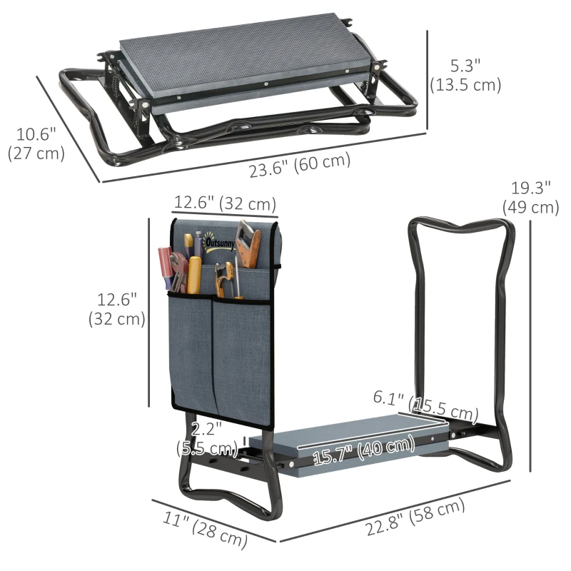 Outsunny Garden Kneeler and Seat, Foldable Gardening Stool Bench with Thick EVA Foam Kneeling Pad and Large Tool Pouch, Grey