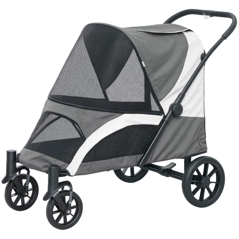 PawHut Foldable Pet Stroller for Medium Dogs with Four Big Wheels, Shock-Absorbing Frame, Safety Leashes, Brakes, Dark Grey