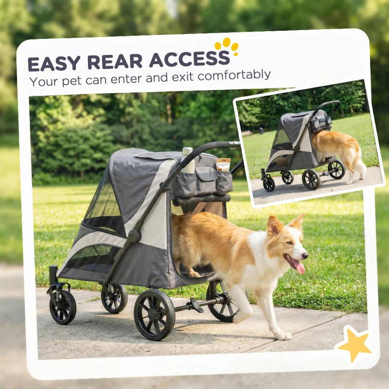 PawHut Foldable Pet Stroller for Medium Dogs with Four Big Wheels, Shock-Absorbing Frame, Safety Leashes, Brakes, Dark Grey
