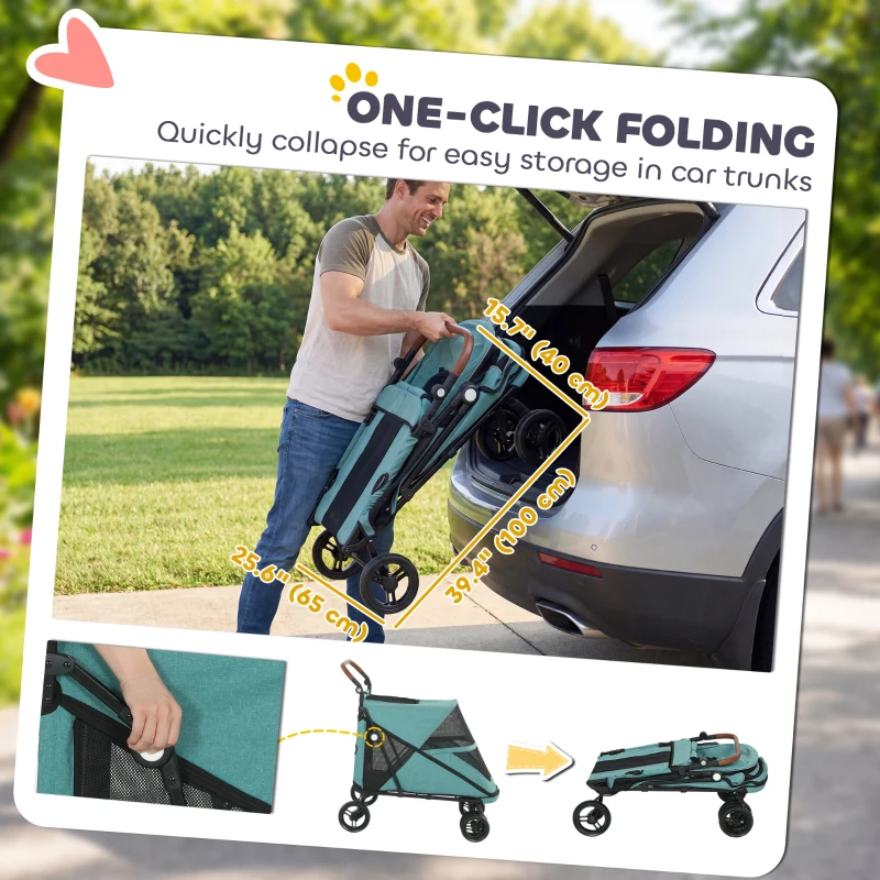 PawHut Dog Stroller Easy Fold Pet Stroller for Large Dogs Up to 66lbs with 4-Wheel Shock Absorption & One-Foot Brake Turquoise