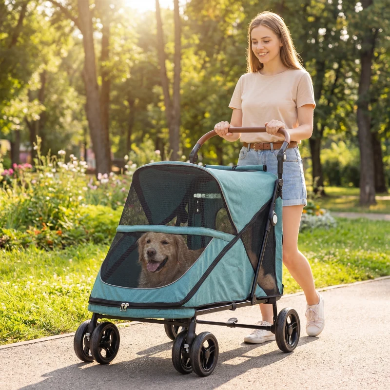 PawHut Dog Stroller Easy Fold Pet Stroller for Large Dogs Up to 66lbs with 4-Wheel Shock Absorption & One-Foot Brake Turquoise