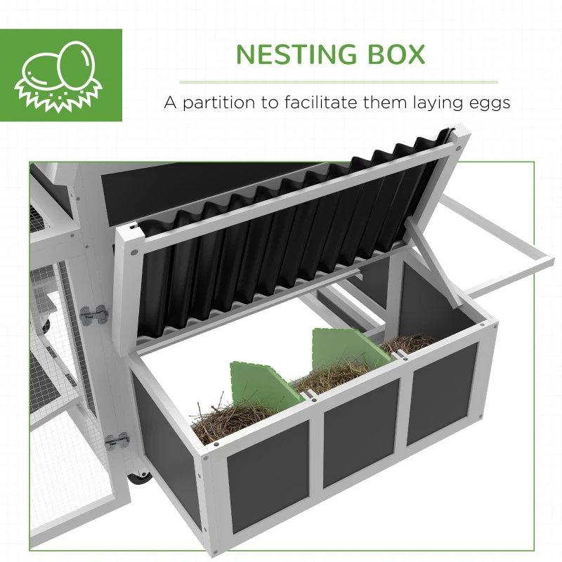 PawHut Wooden Chicken Coop, Rabbit Hutch with Large Run, Outdoor Poultry Cage with Nesting Box, Tray, Windows, Dark Grey