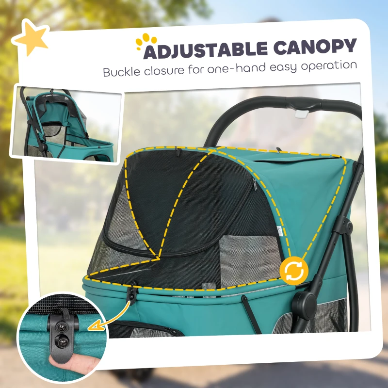 PawHut 3 Wheel Pet Stroller with Easy One-Click Quick Fold, Mesh Window, Washable Cushion, for Medium Dogs, Dark Green