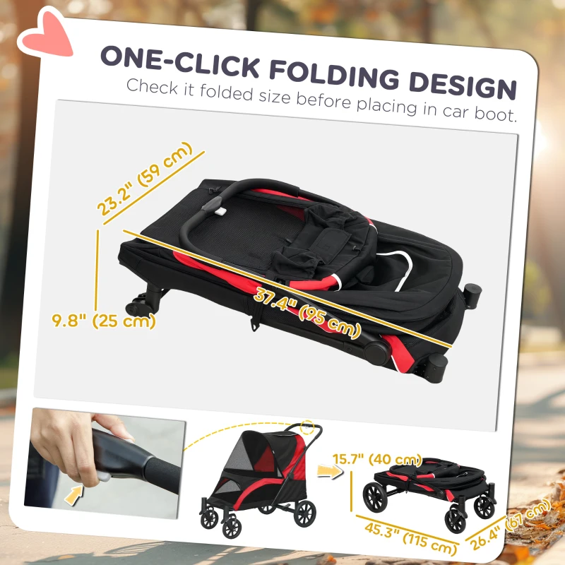 PawHut Foldable Pet Stroller for Medium Dogs with Four Big Wheels, Shock-Absorbing Frame, Safety Leashes, Brakes, Black