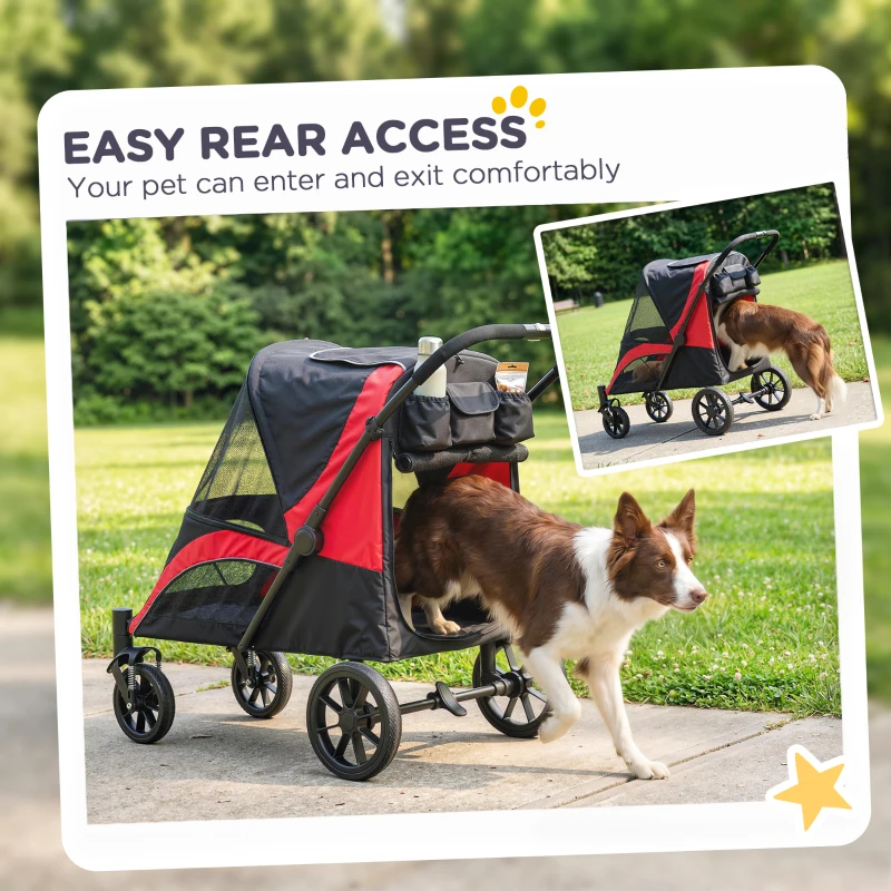 PawHut Foldable Pet Stroller for Medium Dogs with Four Big Wheels, Shock-Absorbing Frame, Safety Leashes, Brakes, Black