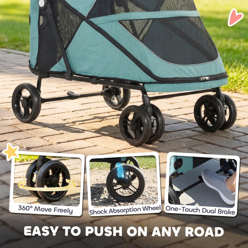 PawHut Dog Stroller Easy Fold Pet Stroller for Large Dogs Up to 66lbs with 4-Wheel Shock Absorption & One-Foot Brake Turquoise