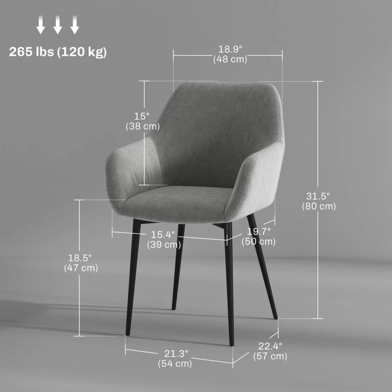 HOMCOM Dining Chairs Set of 2, Velvet-look Fabric Upholstered Kitchen Chairs with Backrest, Armrests and Steel Legs, Dark Grey