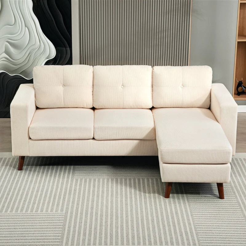 HOMCOM Sectional Sofa with Changeable Chaise Lounge, 3 Seat L-Shaped Sofa, Upholstered Couch for Small Space, Cream White