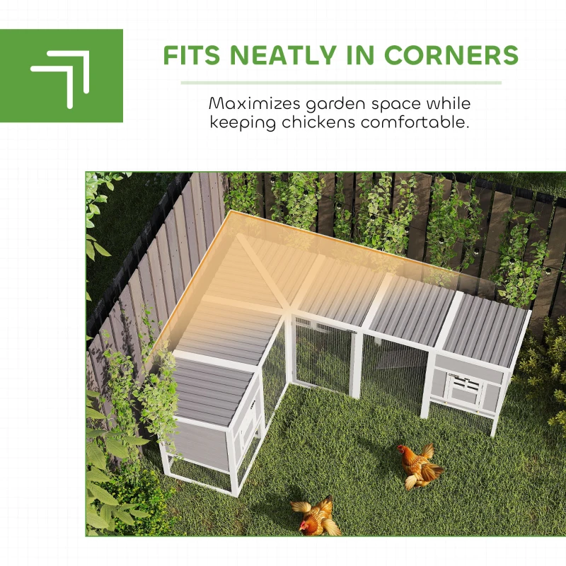PawHut Chicken Coop with Run, L-Shaped Wooden Chicken House with 2 Houses, Outdoor Hen House with Waterproof Roof and Ramps