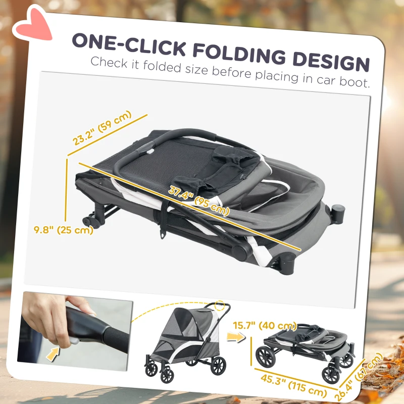 PawHut Foldable Pet Stroller for Medium Dogs with Four Big Wheels, Shock-Absorbing Frame, Safety Leashes, Brakes, Dark Grey