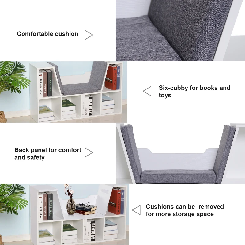 HOMCOM 6-Cubby Bookcase with Seat Cushion, Cube Storage Shelf with Reading Nook for Home Office, Study, Grey