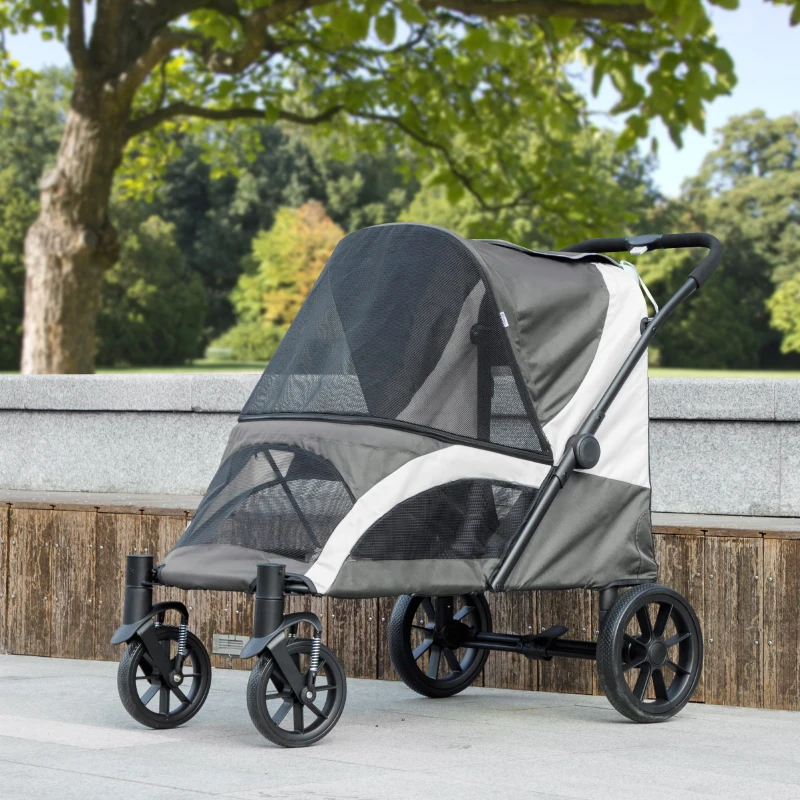 PawHut Foldable Pet Stroller for Medium Dogs with Four Big Wheels, Shock-Absorbing Frame, Safety Leashes, Brakes, Dark Grey