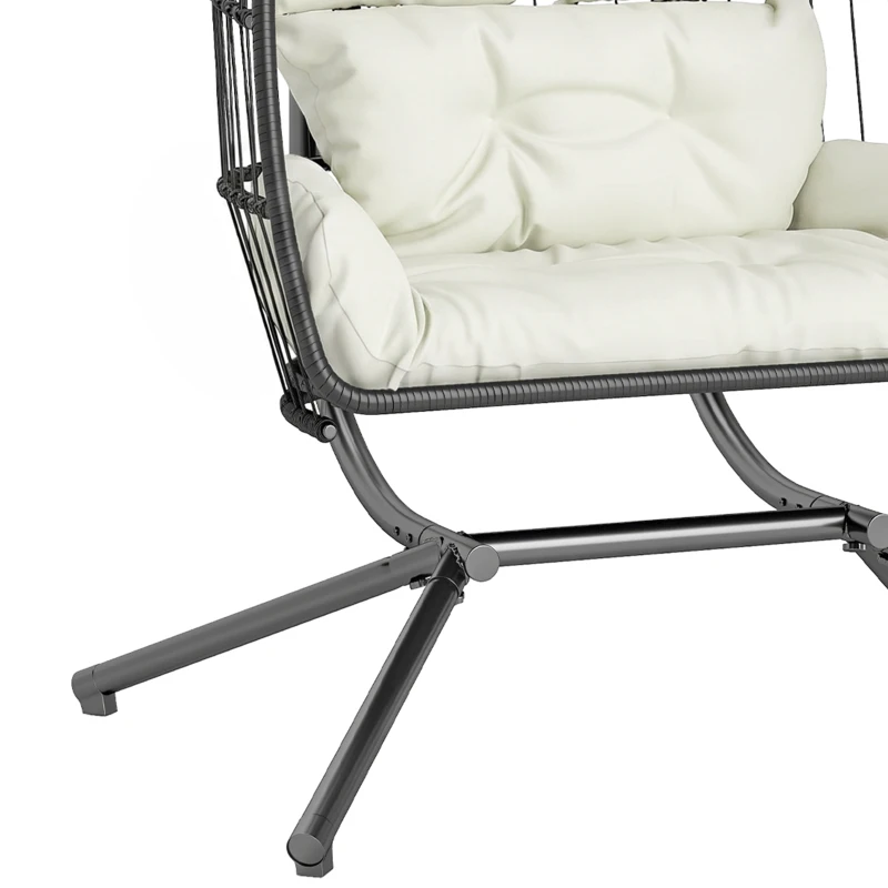 Outsunny Double Wicker Egg Swing Chair with Stand, Foldable Hanging Egg Chair with UV Resistant Cushion, Headrest, Cream White