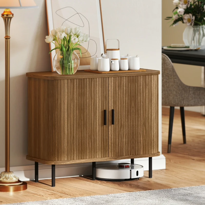 HOMCOM 35.4" Sideboard Buffet Cabinet with Storage, Nordic Coffee Bar Cabinet with Slatted Tambour Doors and Metal Legs, Walnut