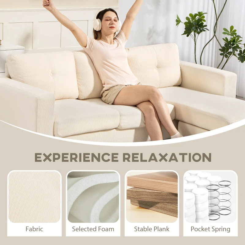 HOMCOM Sectional Sofa with Changeable Chaise Lounge, 3 Seat L-Shaped Sofa, Upholstered Couch for Small Space, Cream White
