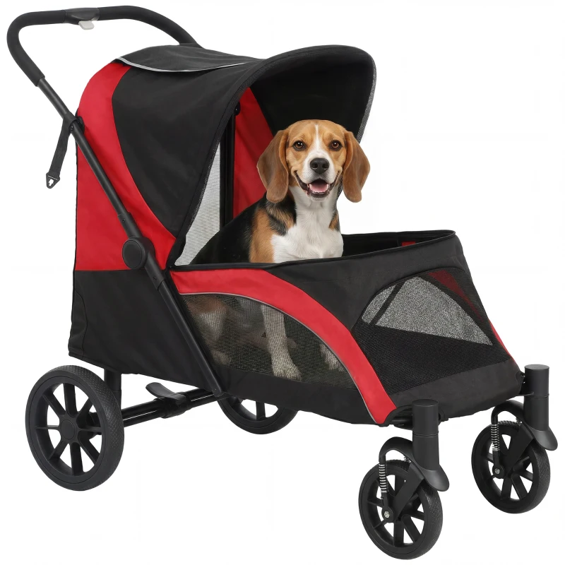 PawHut Foldable Pet Stroller for Medium Dogs with Four Big Wheels, Shock-Absorbing Frame, Safety Leashes, Brakes, Black