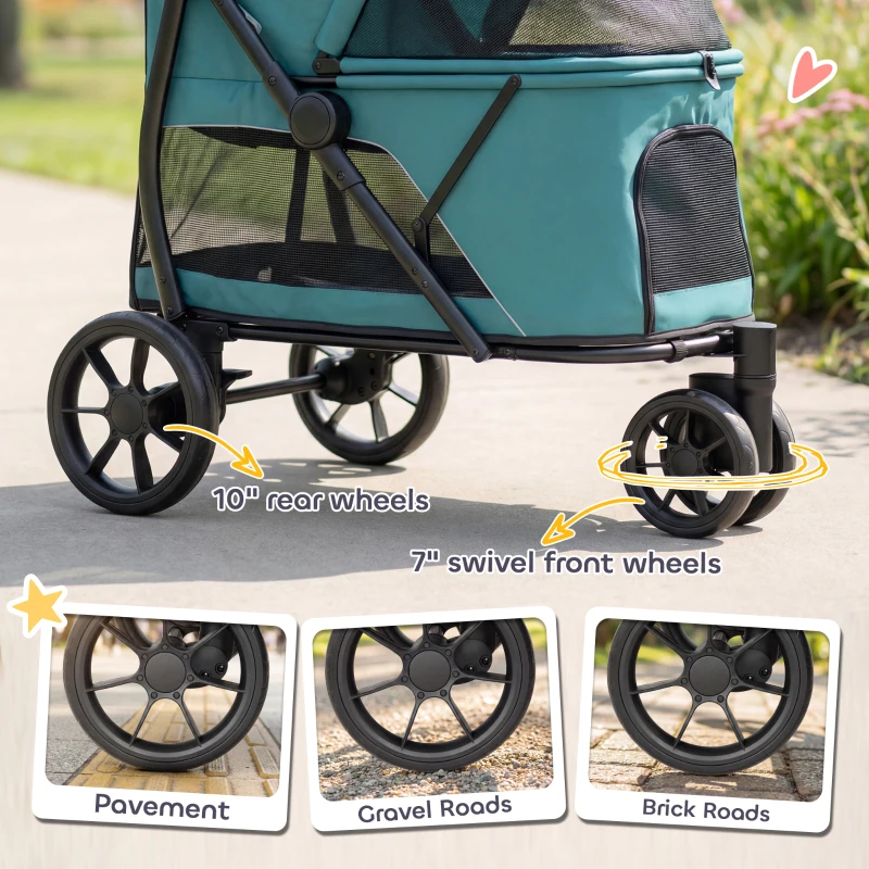 PawHut 3 Wheel Pet Stroller with Easy One-Click Quick Fold, Mesh Window, Washable Cushion, for Medium Dogs, Dark Green