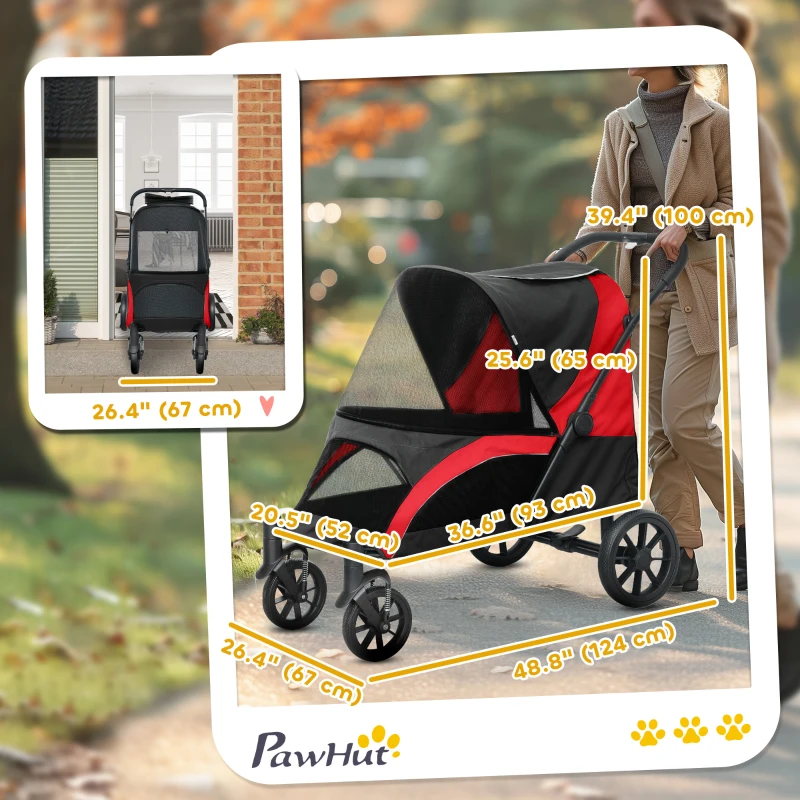 PawHut Foldable Pet Stroller for Medium Dogs with Four Big Wheels, Shock-Absorbing Frame, Safety Leashes, Brakes, Black