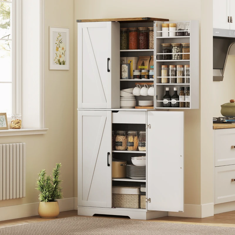 HOMCOM 72" Kitchen Pantry Cabinet, Farmhouse Storage Cabinet with 4 Doors, Drawer, 8 Door Shelves and Adjustable Shelf, White