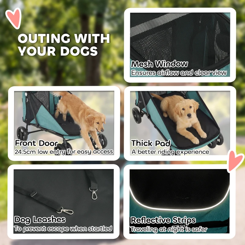 PawHut Dog Stroller Easy Fold Pet Stroller for Large Dogs Up to 66lbs with 4-Wheel Shock Absorption & One-Foot Brake Turquoise