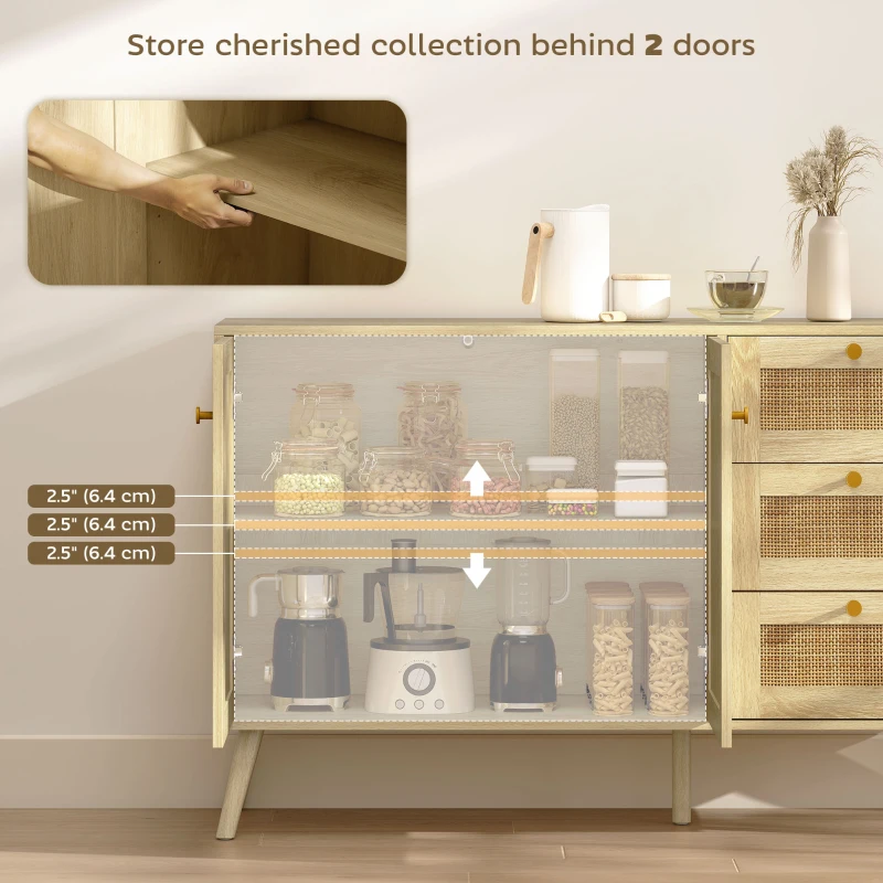 HOMCOM 47" Buffet Cabinet with Soft-Close Doors, Rattan Sideboard with Drawers, Adjustable Shelf and Wooden Legs, Natural