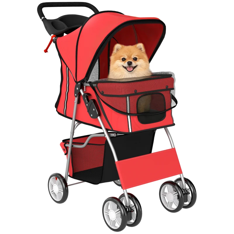 PawHut Pet Stroller with Reflective Strips, Foldable Cat Stroller with 360° Swivel Wheels for Small Dogs and Cats, Red