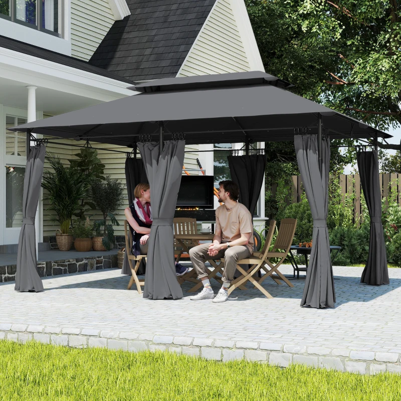Outsunny 10' x 13' Double Roof Patio Gazebo, Outdoor Gazebo with Curtains, for Garden, Lawn, Backyard and Deck, Grey