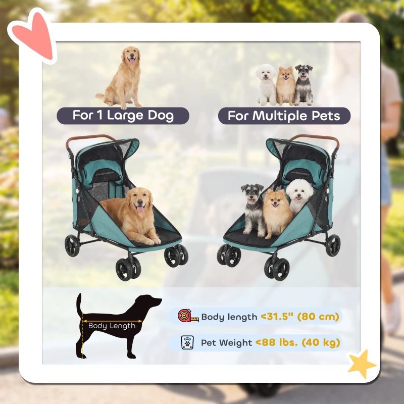 PawHut Dog Stroller Easy Fold Pet Stroller for Large Dogs Up to 66lbs with 4-Wheel Shock Absorption & One-Foot Brake Turquoise