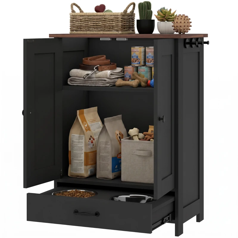 PawHut Pet Food Storage Container Dog Feeding Station w/ Adjustable Panel, Hooks, for Medium Sized Dogs, Black