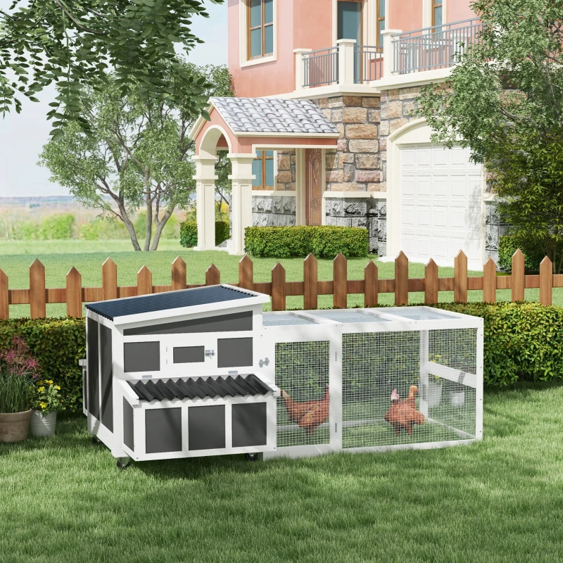 PawHut Wooden Chicken Coop, Rabbit Hutch with Large Run, Outdoor Poultry Cage with Nesting Box, Tray, Windows, Dark Grey