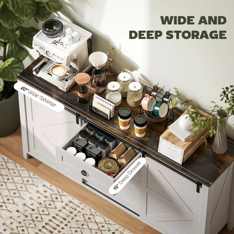HOMCOM 60" Buffet Cabinet, Farmhouse Sideboard with Sliding Barn Doors, Drawers and Adjustable Shelves, Cream White