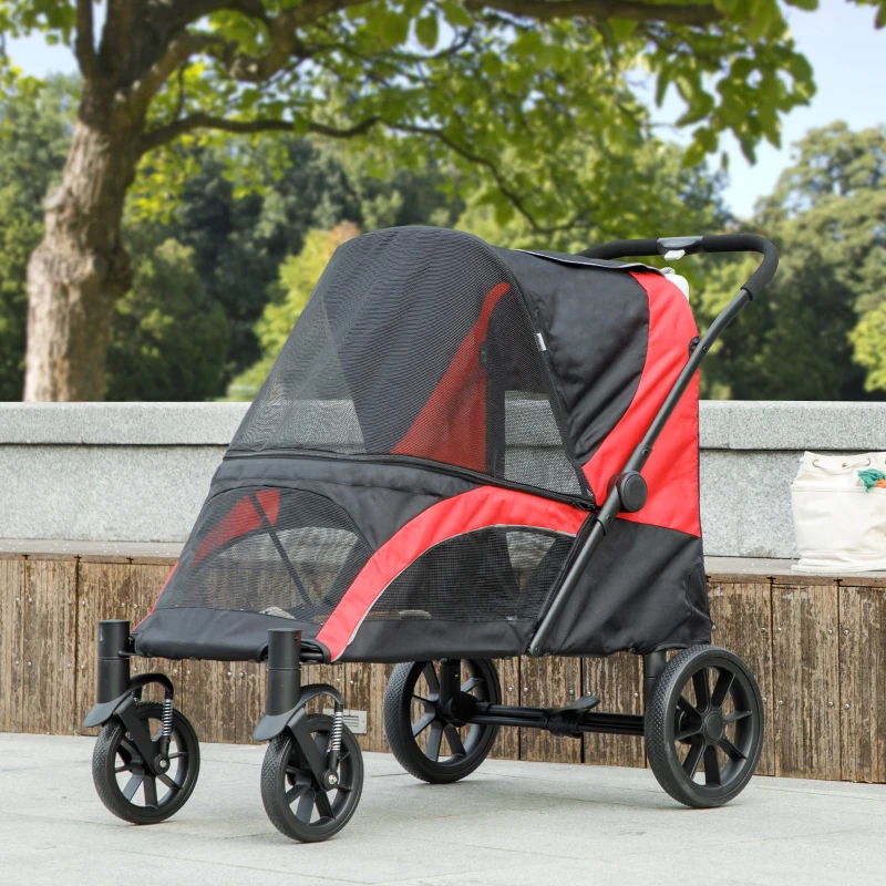 PawHut Foldable Pet Stroller for Medium Dogs with Four Big Wheels, Shock-Absorbing Frame, Safety Leashes, Brakes, Black