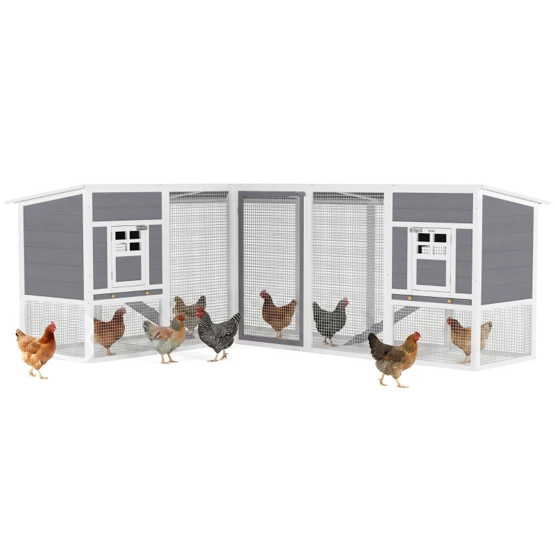 PawHut Chicken Coop with Run, L-Shaped Wooden Chicken House with 2 Houses, Outdoor Hen House with Waterproof Roof and Ramps