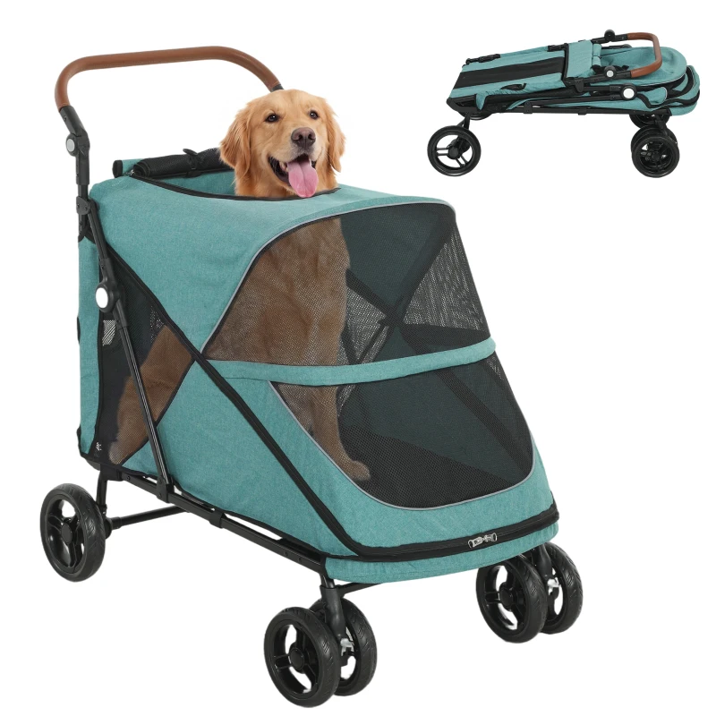 PawHut Dog Stroller Easy Fold Pet Stroller for Large Dogs Up to 66lbs with 4-Wheel Shock Absorption & One-Foot Brake Turquoise
