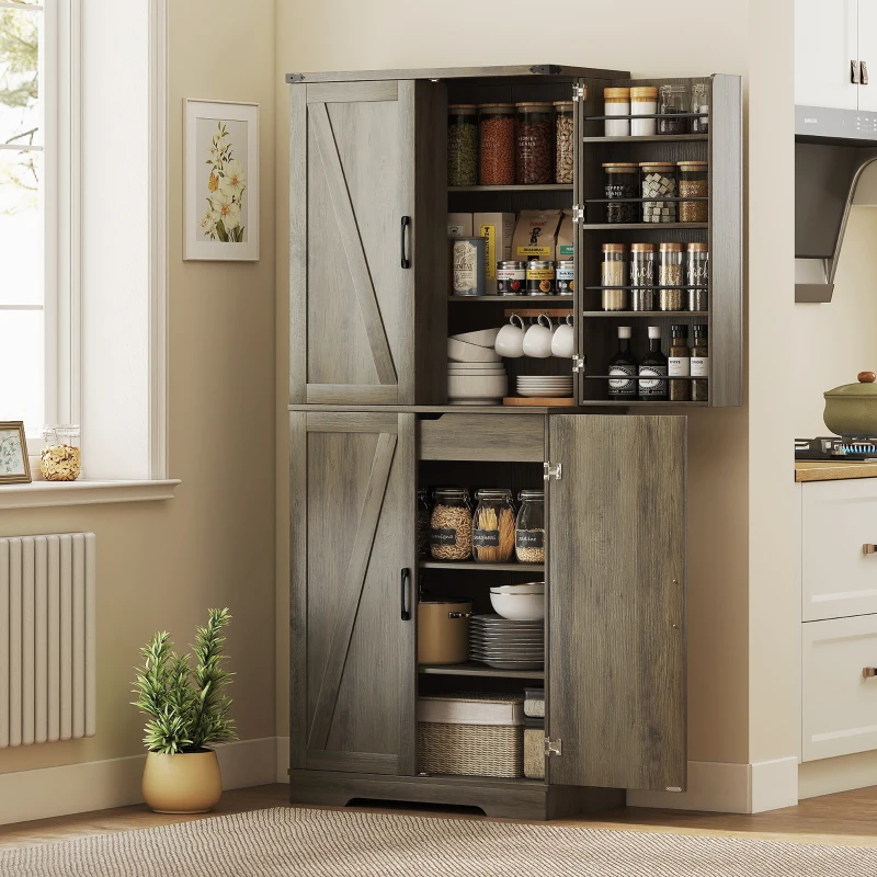 HOMCOM 72" Kitchen Pantry Cabinet, Farmhouse Storage Cabinet with 4 Doors, Drawer, 8 Door Shelves and Adjustable Shelf, Grey