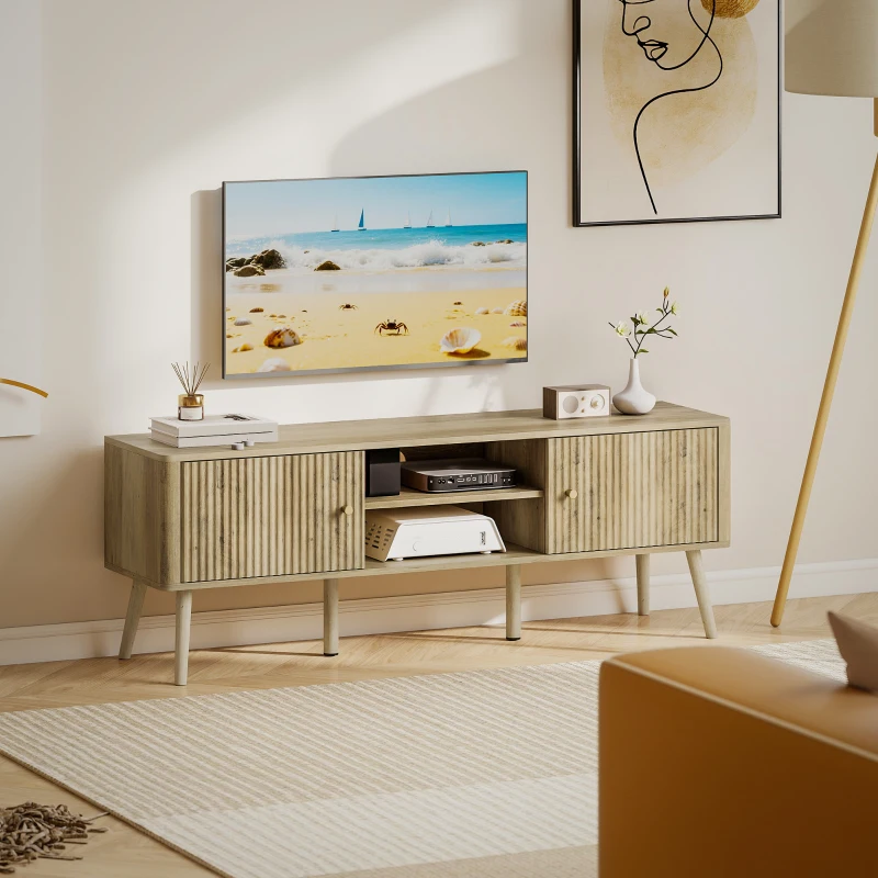 HOMCOM TV Stand for 65 Inch Television, Entertainment Center with Adjustable Shelves and Pine Wood Legs for Living Room, Oak(m-8)