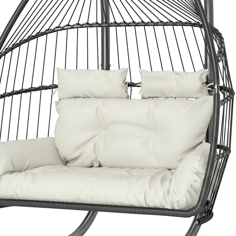 Outsunny Double Wicker Egg Swing Chair with Stand, Foldable Hanging Egg Chair with UV Resistant Cushion, Headrest, Cream White