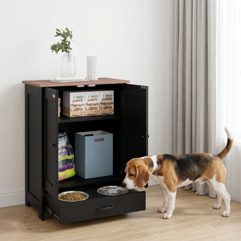 PawHut Pet Food Storage Container Dog Feeding Station w/ Adjustable Panel, Hooks, for Medium Sized Dogs, Black
