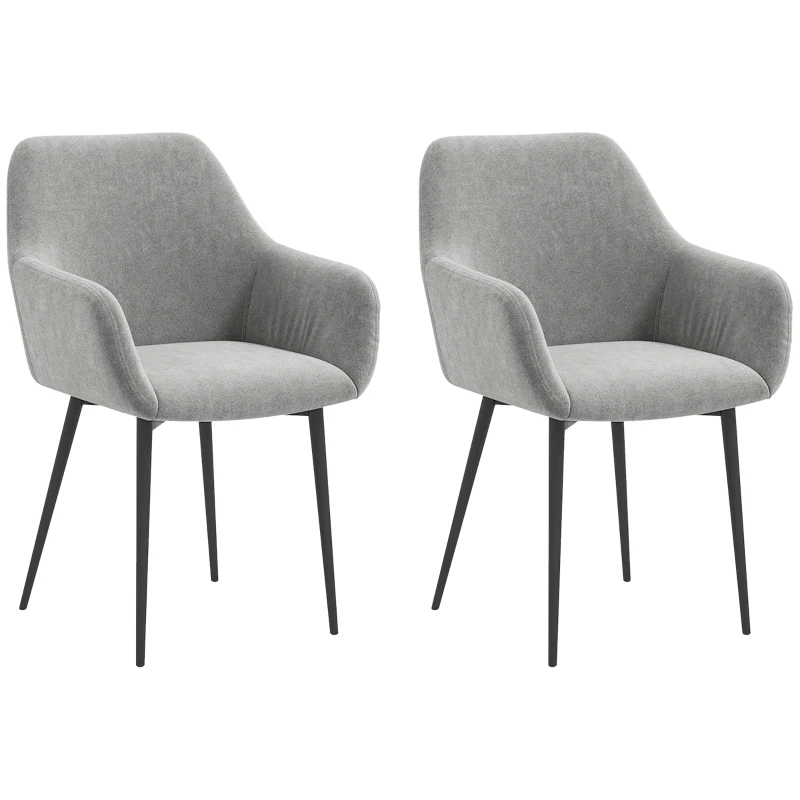 HOMCOM Dining Chairs Set of 2, Velvet-look Fabric Upholstered Kitchen Chairs with Backrest, Armrests and Steel Legs, Dark Grey