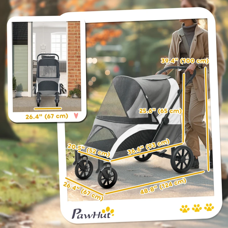 PawHut Foldable Pet Stroller for Medium Dogs with Four Big Wheels, Shock-Absorbing Frame, Safety Leashes, Brakes, Dark Grey