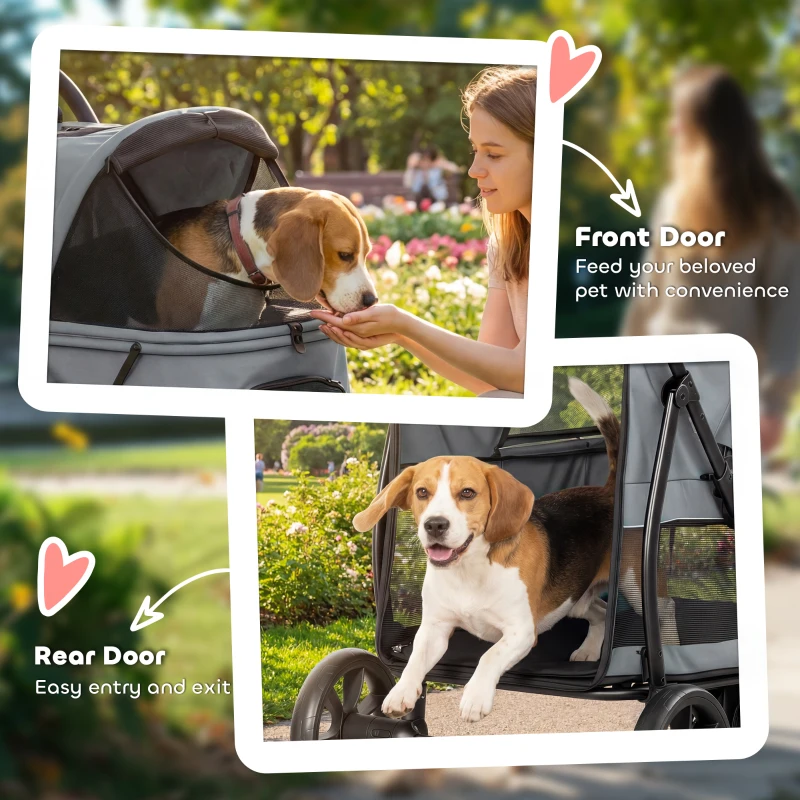 PawHut 3 Wheel Pet Stroller with Easy One-Click Quick Fold, Mesh Window, Washable Cushion, for Medium Dogs, Gray