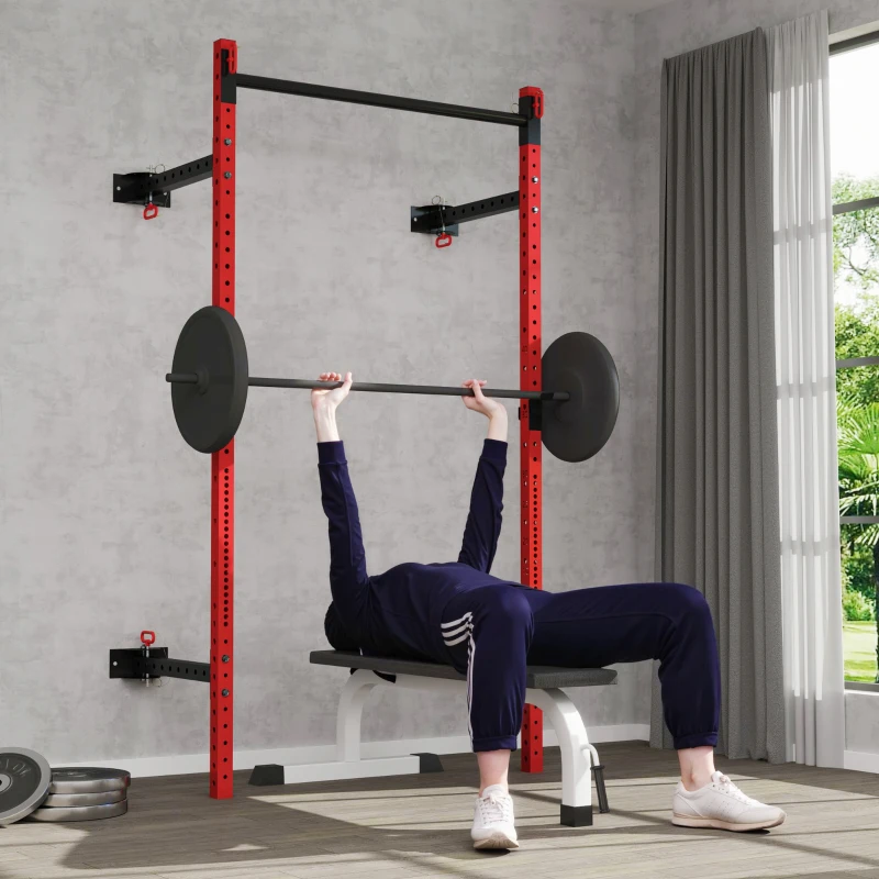 Soozier Folding Squat Rack with Pull Up Bar, Wall Mounted and Adjustable, 1000 Pounds Capacity Power Rack, Red