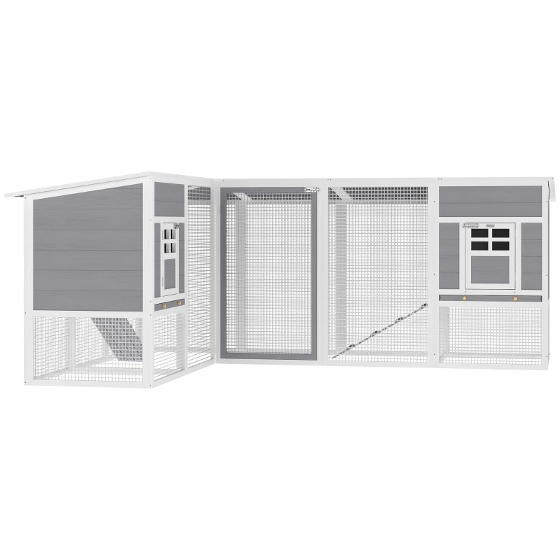 PawHut Chicken Coop with Run, L-Shaped Wooden Chicken House with 2 Houses, Outdoor Hen House with Waterproof Roof and Ramps