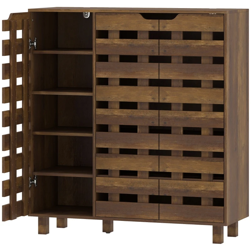 HOMCOM Shoe Cabinet, 17-20 Pairs Shoe Storage Cabinet with Hollowed-Out Doors, Distressed Brown