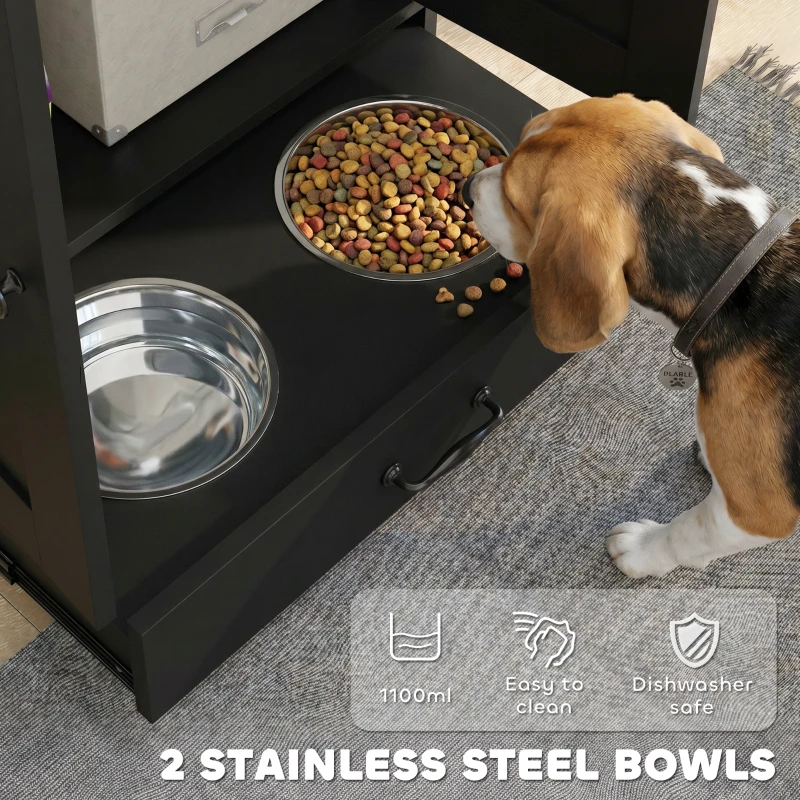 PawHut Pet Food Storage Container Dog Feeding Station w/ Adjustable Panel, Hooks, for Medium Sized Dogs, Black