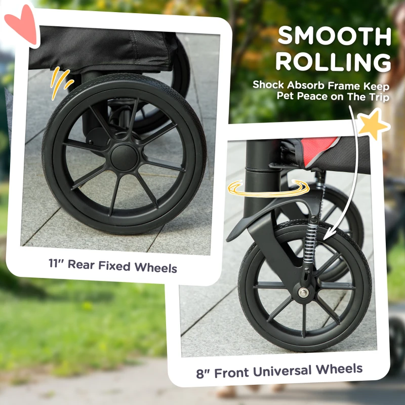 PawHut Foldable Pet Stroller for Medium Dogs with Four Big Wheels, Shock-Absorbing Frame, Safety Leashes, Brakes, Black